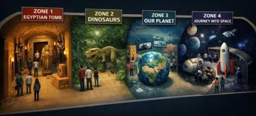 learning hub with four zones, egyptians, dinosaurs, planet and space